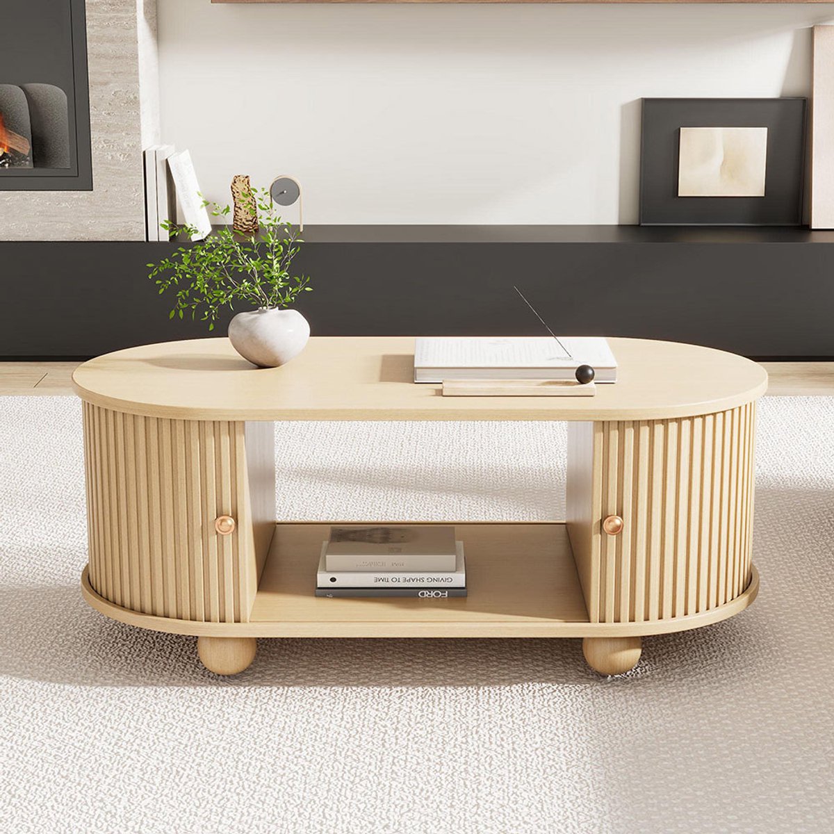 Pugsdrly Ovaal salontafel met opbergruimte en schuifdeuren, multifunctioneel meubel dat weinig ruimte inneemt, houtkleur
