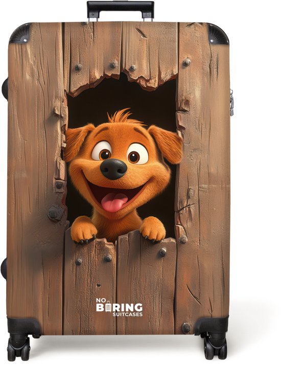 Zwarte koffer met houten print: een blije hond kijkt door een gat in een houten hek.