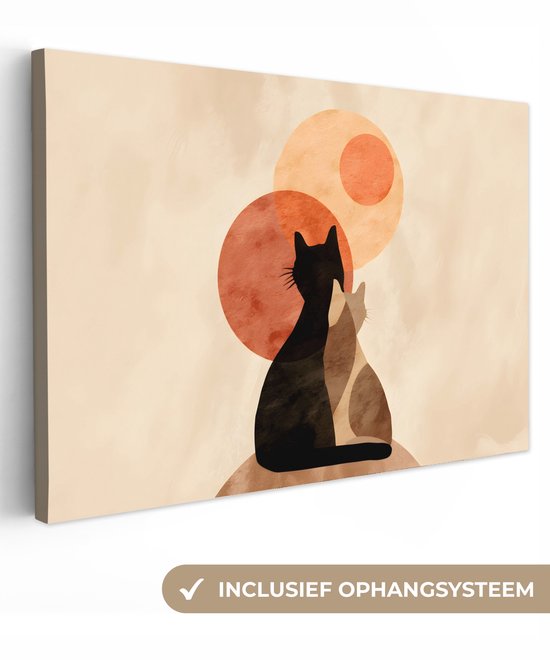 Toile abstraite représentant deux silhouettes de chats assises, avec des cercles orange et beige, système d'accrochage inclus.