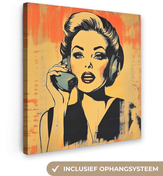 Tableau sur toile 20x20 cm - Décoration murale exclusive Rétro - Femme - Casque audio - Oranje - Décoration murale salon - Décoration chambre - Accessoires chambre - Peintures sur toile