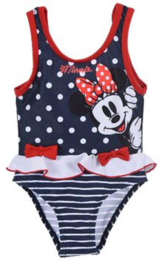 Donkerblauw badpak met witte stippen, Minnie Mouse print, rode strikjes en rood-wit gestreepte broek met ruche.