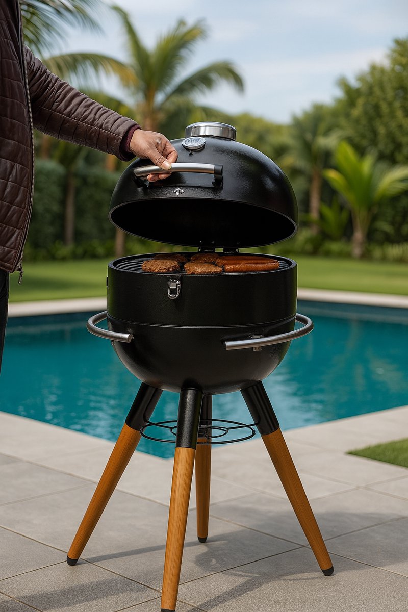 Fameilleur Barbecue met Onderstel – Houtskool BBQ met Ø41 cm Grillrooster – Ingebouwde Thermometer – Heat Deflector – Houtlook Poten – Stalen Kuip – Buiten Koken – Zwart – 98 cm barbecue- met onderstel- tuinbarbecue- barbecues voor in de tuin- tuin