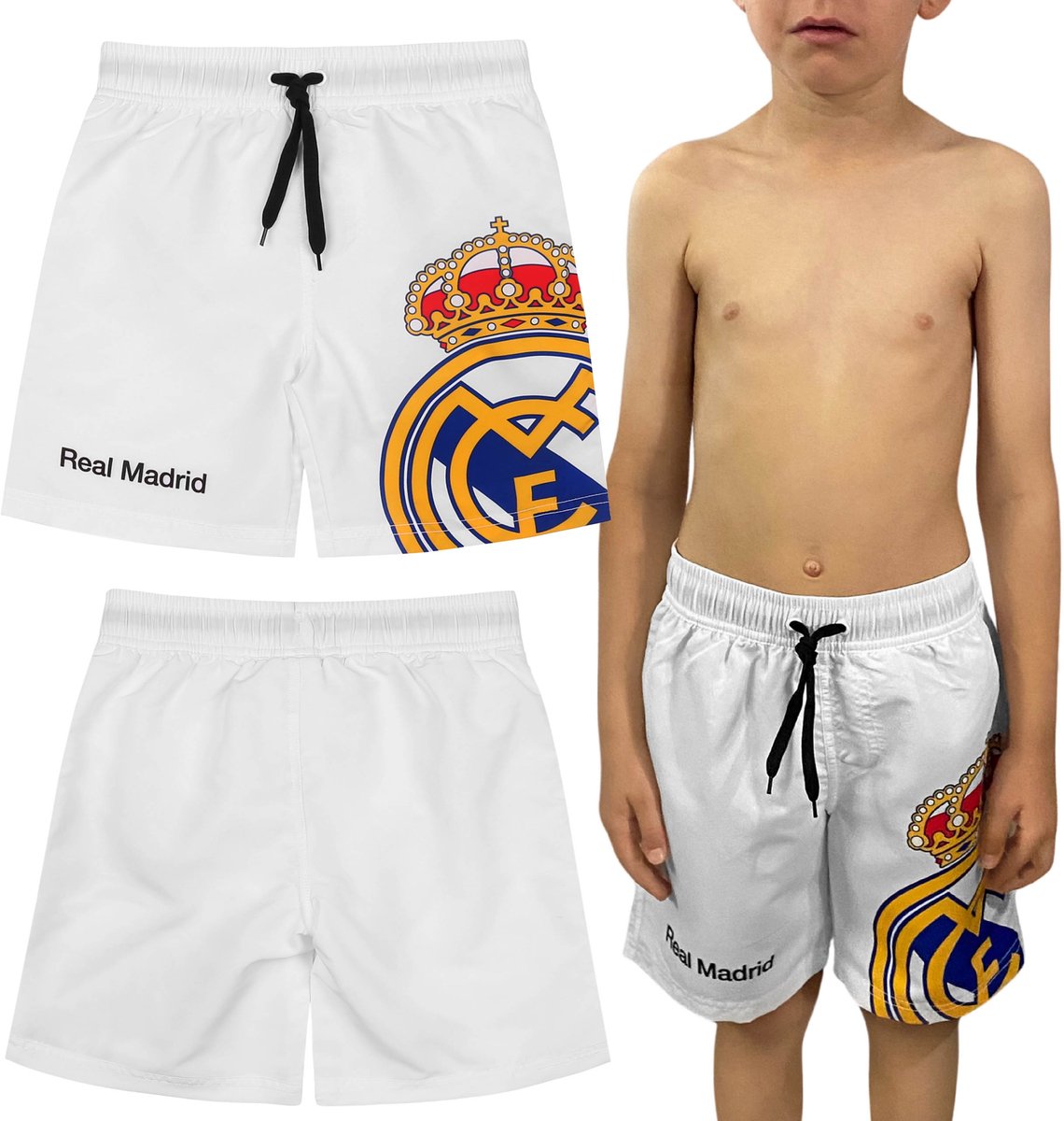 Real Madrid Korte kinderbroek, witte zwembroek voor jongen, voetbal