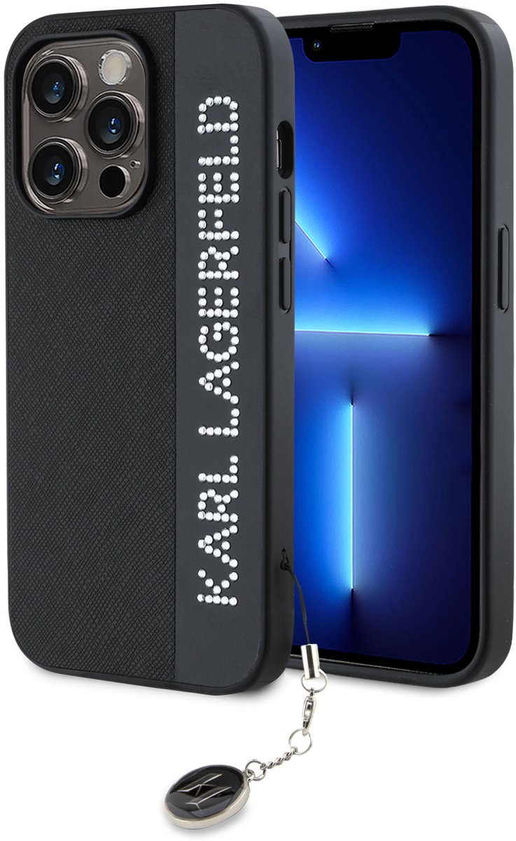 Karl Lagerfeld iPhone 14 Pro Backcover hoesje Saffiano Rhinestones and Charm - Zwart