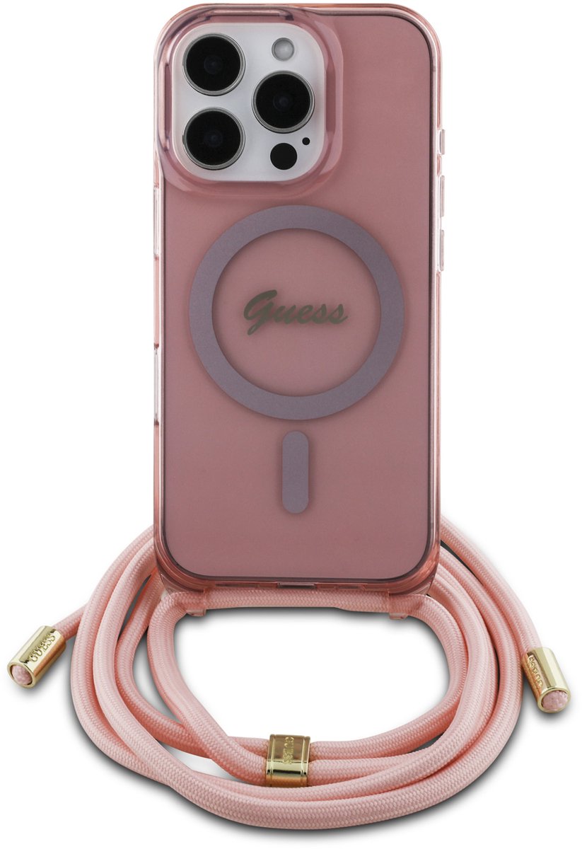 Guess - iPhone 16 Cover - Back Case Hardcase - Pink Crossbody Cord - MagSafe