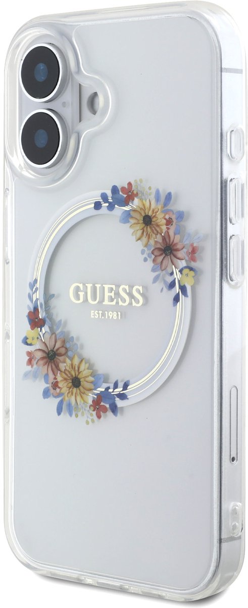 Guess GUHMP16SHFWFCT iPhone 16 6.1" transparante hardcase IML Flowers Wreath MagSafe