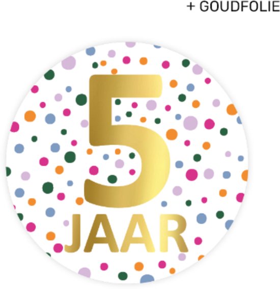 Gouden 5 met JAAR erop, omringd door confetti in roze, paars, oranje, blauw en groen.