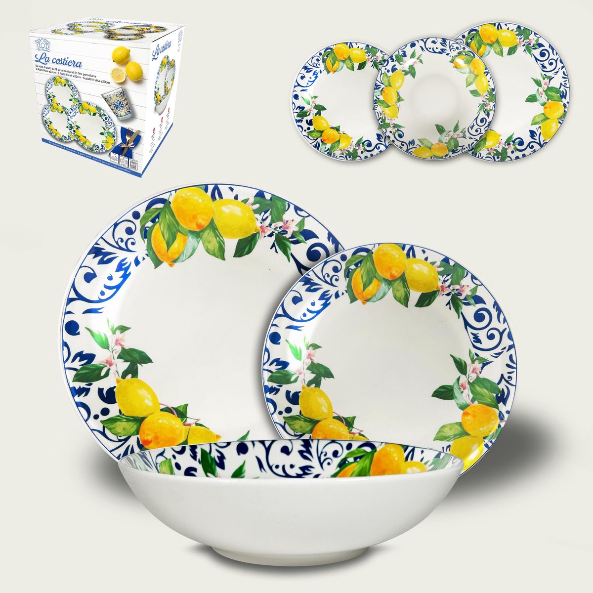 Arca Limoni - Serviesset - Serviesset 6 persoons - 6 diner-, 6 diepe en 6 dessertborden - met vrolijk citroenpatroon in felle kleuren - geschenkdoos