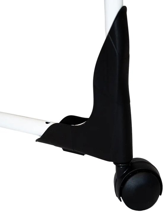 Zwenkwiel met een zwart plastic omhulsel aan de onderkant van een droogrek.