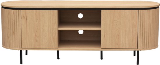 Ovaal, lichtbruin houten tv-meubel met zwarte accenten, 2 deuren met groeven en zwarte pootjes, op witte achtergrond.