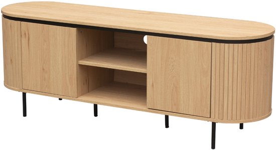 Lichtgrijs houten tv-meubel met geribbelde deuren en open vakken, staand op zwarte pootjes.