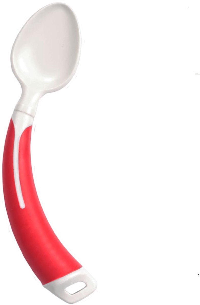 Lepel linkshandig, aangepast bestek met links gebogen handvat. Anti-slip greep, rood.