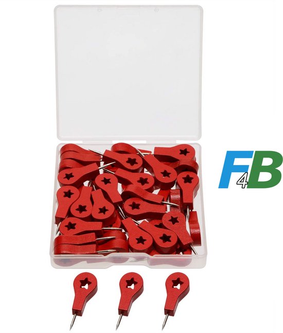 Een doos met rode punaises, elk met een stervormig gat en een metalen pin. Drie punaises liggen ervoor.