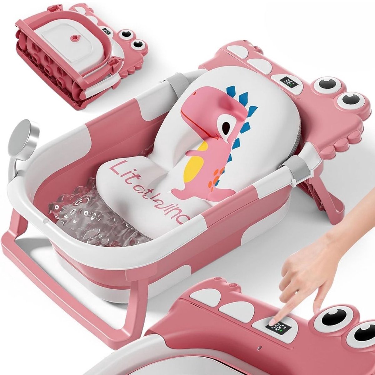 Thuys – Baby Badje Met Standaard – Inklapbaar Bad – Met Badkussentje En Ingebouwde Thermometer – 63 x 42 x 20cm – Roze