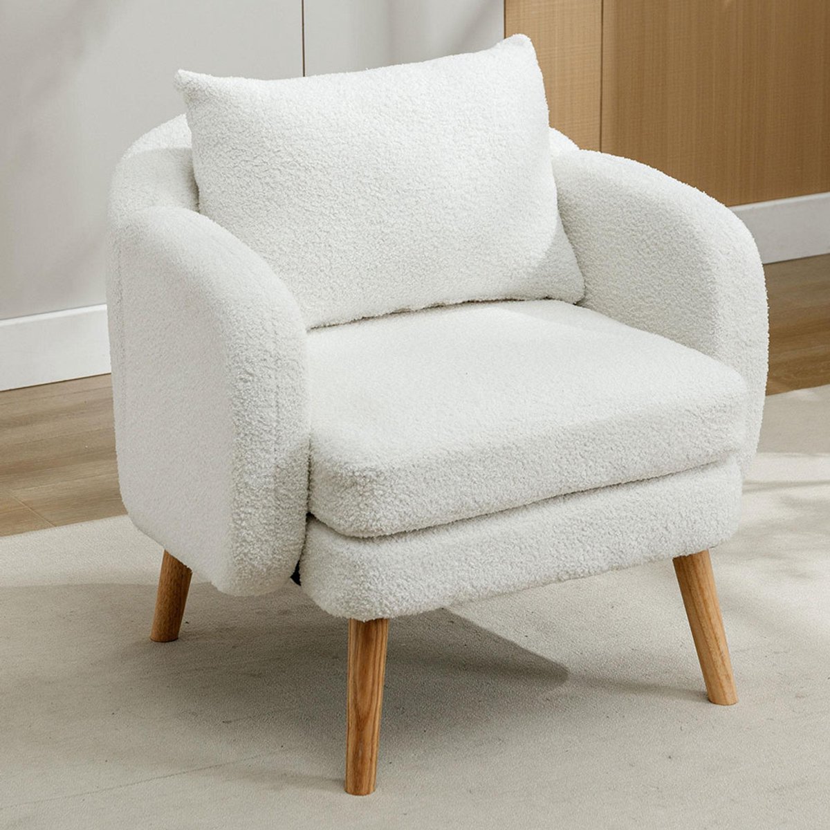Pugsdrly Moderne en sobere fluwelen fauteuil met kussens, fauteuil met extra dikke kussens, eenvoudige fauteuil, gestoffeerde fauteuil, relaxfauteuil, stoel met massief houten poten