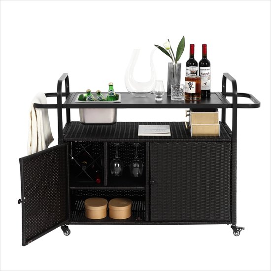 Mobiele Buitenbar – Buitentafel – Serveerwagen – Bar Op Wielen – PE-Rattan – Weerbestendig Frame – 70 Kg Draagkracht