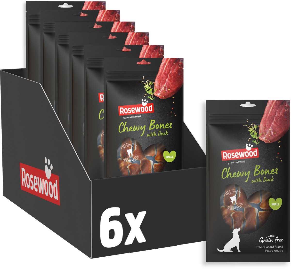 Rosewood Chewy Bones Eend Small - Kauwkluiven voor Kleine Honden - Met Eend & Runderhuid - Graanvrij - Zonder Kunstmatige Toevoegingen - 6 zakjes à 80g