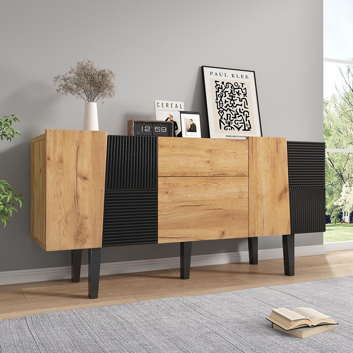 Pugsdrly Eigentijdse tv-meubel met opbergruimte voor een 60 inch tv, houten entertainmentmeubel met massief houten poten voor tv-steun, dressoirs en multimediaconsoles