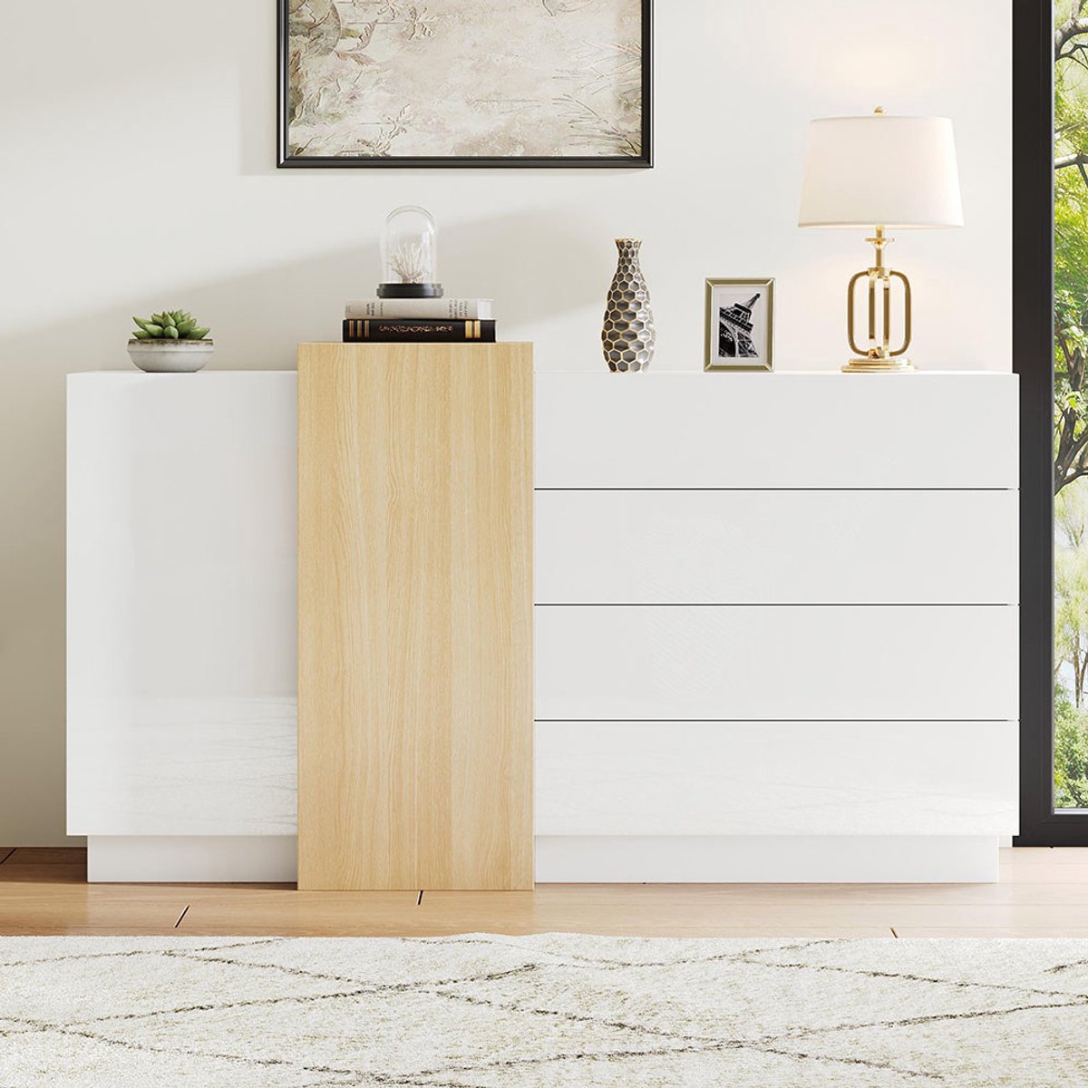 Pugsdrly wit hoogglans dressoir moderne eetkamerkast met ruime opbergruimte minimalistisch houtkleurig opbergmeubel