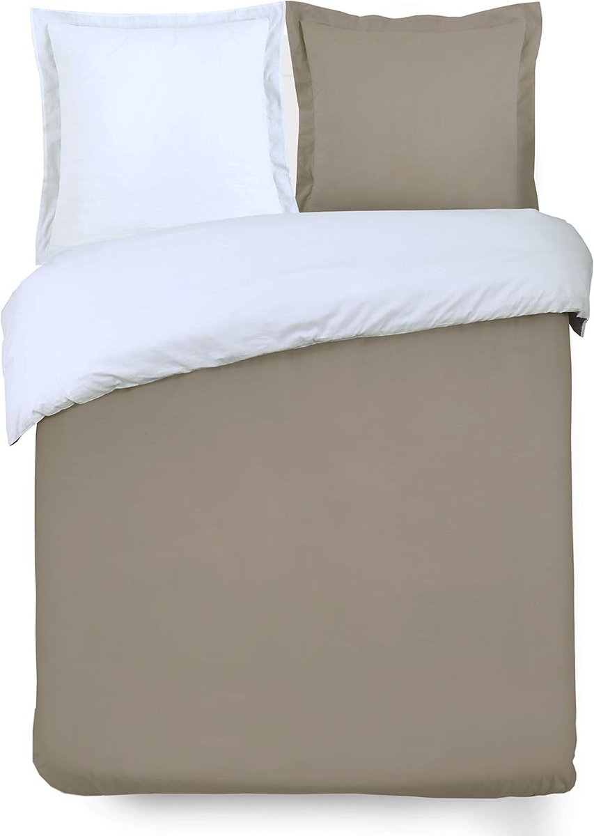 Famanu Beddengoedset 100% katoen - 1 dekbedovertrek van 240 x 260 cm + 2 kussenslopen van 65 x 65 cm, taupe en wit