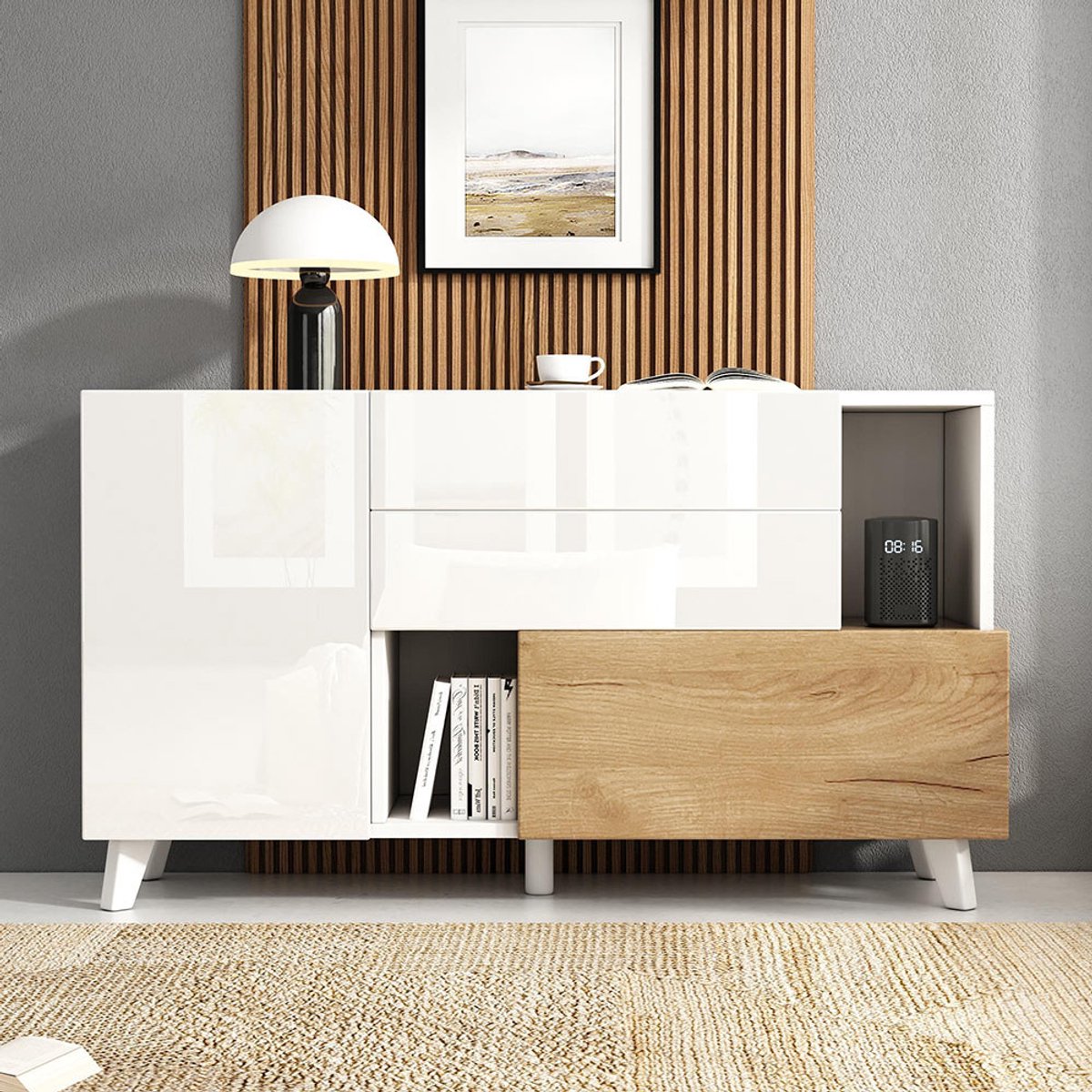 Pugsdrly Glanzend wit buffet in originele houtkleur met opbergruimte, eetkamerbuffet met opbergruimte, moderne kast voor in de woonkamer
