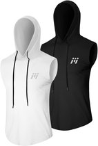 MEETEU Lot de 2 débardeurs d'entraînement à capuche sans manches pour homme, pour la musculation et le sport - Zwart/ Wit- XL