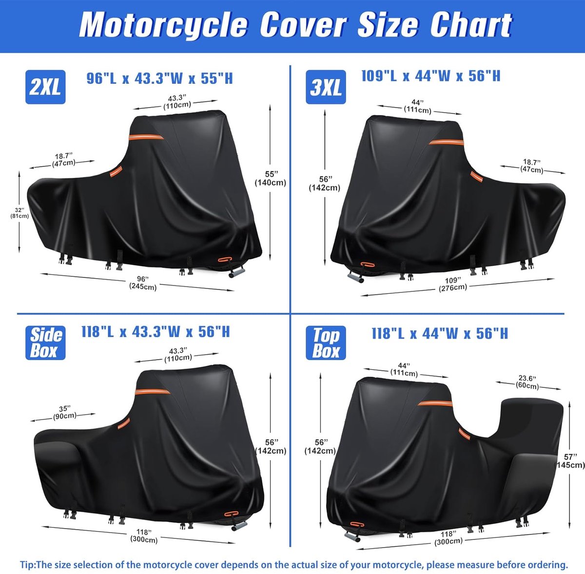 Waterdicht afdekzeil voor motorfiets - UV-bescherming - 1 stuk - 600D materiaal - 300 x 111 x 142 cm