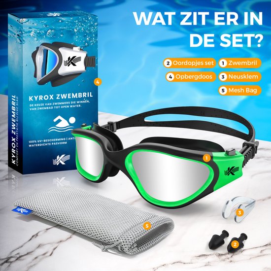 Lunettes de natation polarisées Kyrox - Antibuée - Protection UV - Bouchons d'oreilles et pince-nez inclus - Lunettes de plongée - Sangle réglable - Unisexe - Lunettes de natation pour adultes et enfants - Vert