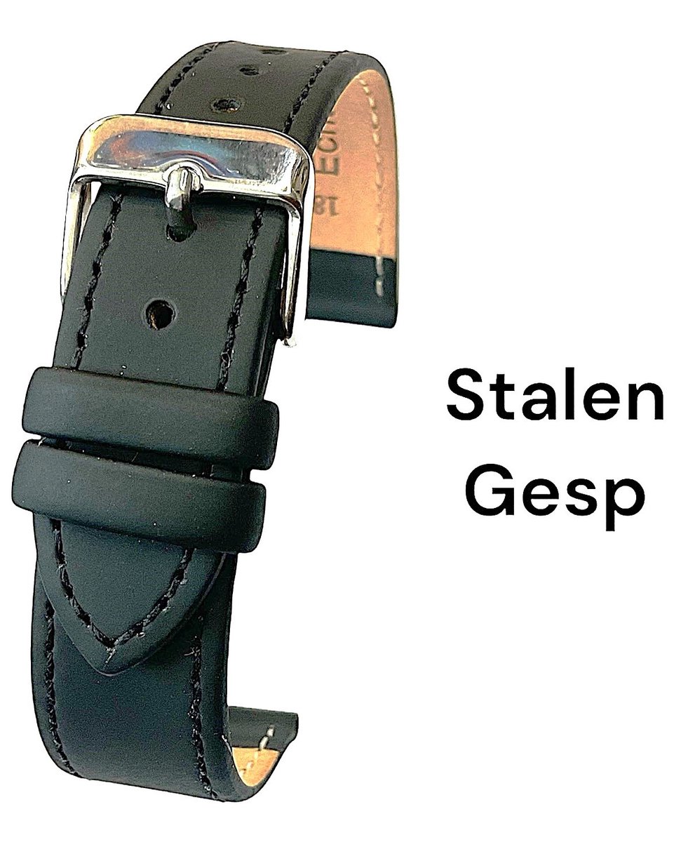 Horlogeband-horlogebandje-20mm-echt leer-zacht-mat-plat-zwart-stalen gesp-leer-20 mm