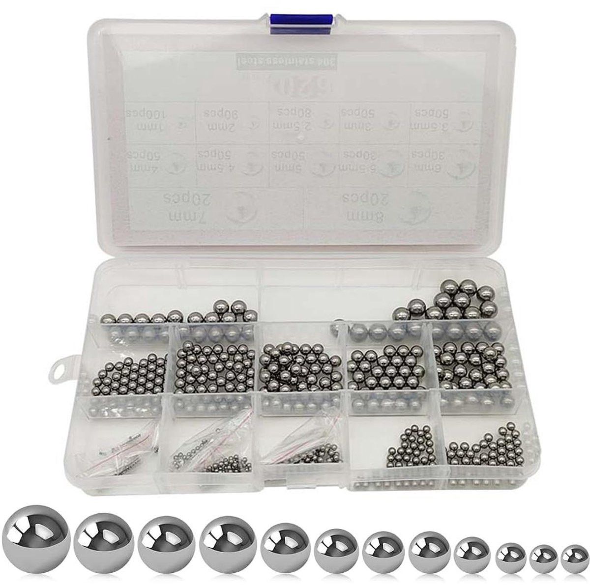 Allecto Plus - Kogellager ballen, 620 stalen kogels in diverse maten (1-8 mm) van roestbestendig roestvrij staal. Ideaal als fietsreserveonderdelen en kogellagers voor reiniging - sferen voor fiets en meer.