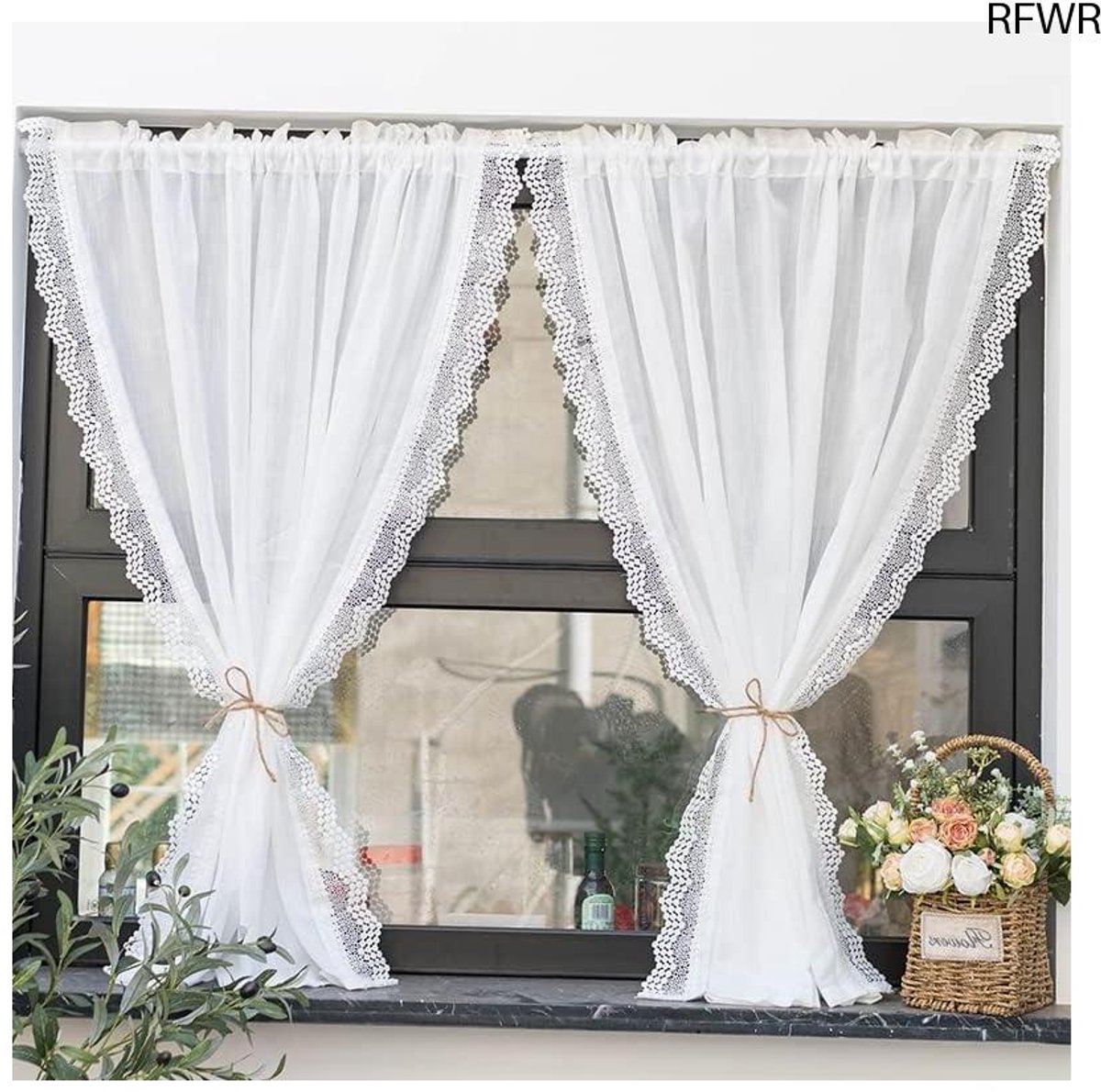 RFWR Linnen Look Vitrage Gordijn Met Golvende Rand - 250x160 cm Wit