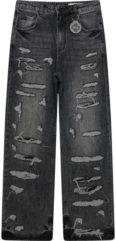 Grijze wijde jeans met veel distressed details en rafels aan de voorkant.