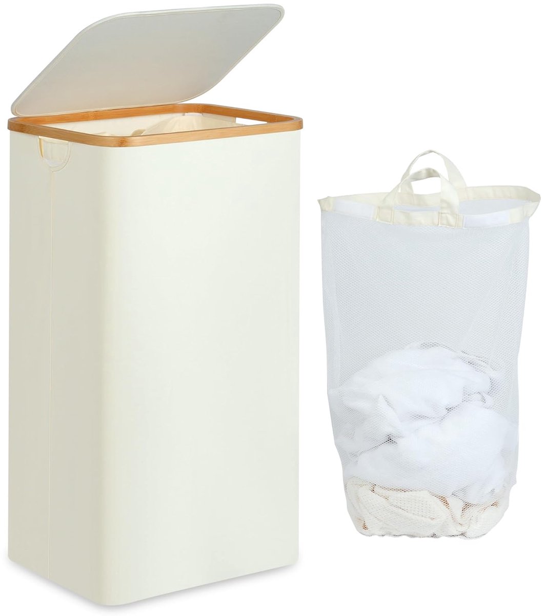 Goedkoopste Hoge wasmand met deksel - 100 liter - beige - bamboe handvat