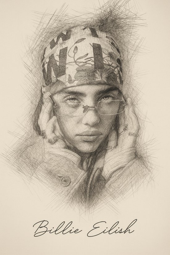 Billie Eilish Poster Ingelijst – 23x33cm – Handgetekend Portret – Met Zwarte Lijst – Muziek Poster Wanddecoratie