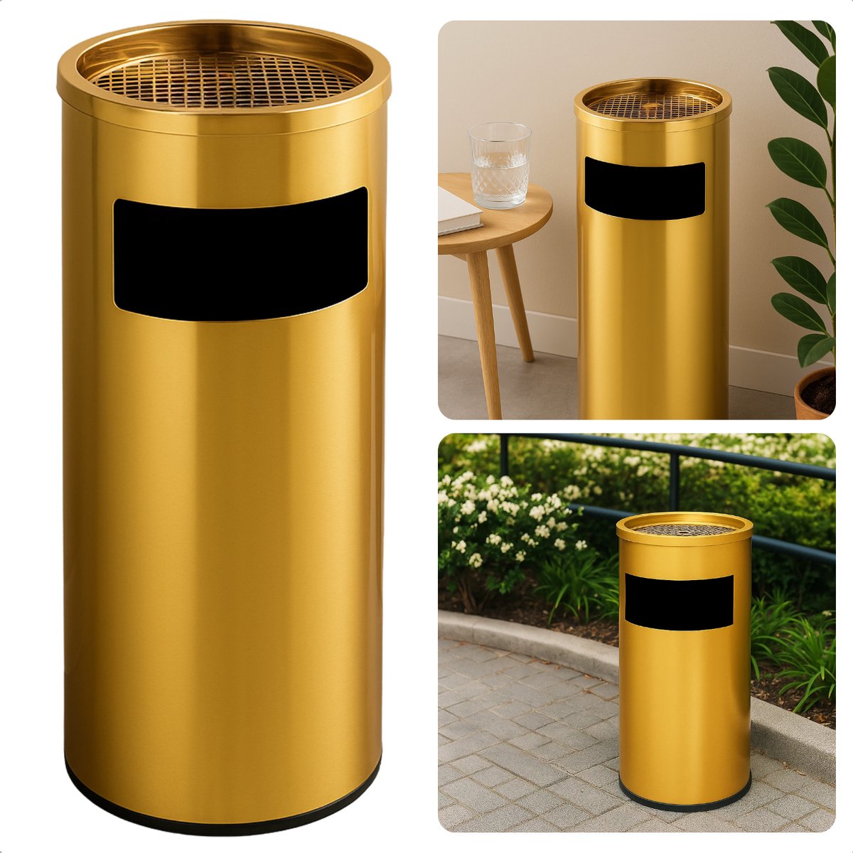 Cheqo® Staande Asbak voor Binnen en Buiten - Gouden Metalen Afvalbak met Asbak - Staand - Glanzend