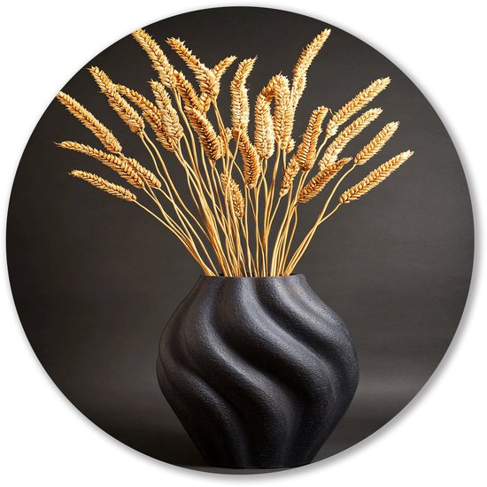 Gedroogde tarwe in zwarte vaas - Stilleven rond schilderij - Ronde wanddecoratie tarwe - Minimalisme - Ronde Forex prints - Rustieke muurdecoratie - muurcirkel forex 60x60 cm