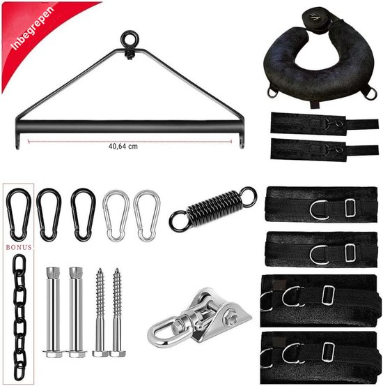 Diverse onderdelen van een seksschommel: een metalen frame, zwart U-vormig kussen, banden, karabijnhaken, veer, ketting, schommelophanging en bevestigingsmateriaal.