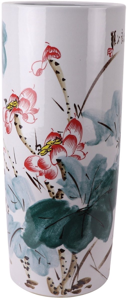 Fine Asianliving Chinese Paraplubak Keramiek Vaas Pruimenbloesems Handbeschilderd D25xH53cm Groen, Wit, Multicolour, Roze