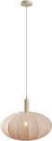 Ovale beige hanglamp met stoffen kap, vergelijkbaar met een pompoen, met metalen details, hangend aan een draad.