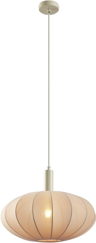 Ovale beige hanglamp met stoffen kap, vergelijkbaar met een pompoen, met metalen details, hangend aan een draad.