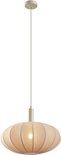 Ovale beige hanglamp met stoffen kap, vergelijkbaar met een pompoen, met metalen details, hangend aan een draad.