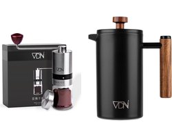 VDN French Press Cafetiere & Handmatige Koffiemolen Set - 0.7L Dubbelwandige RVS Koffiepers +…