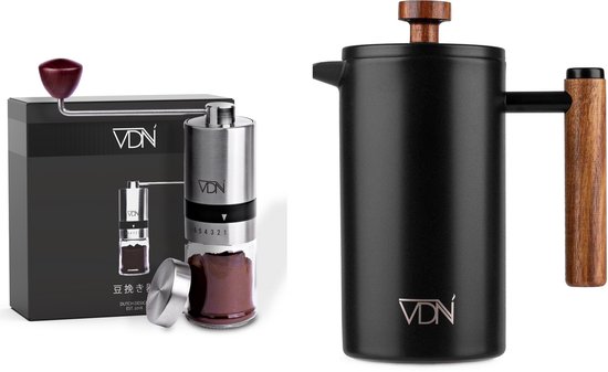 VDN French Press Cafetiere & Handmatige Koffiemolen Set - 0.7L Dubbelwandige RVS Koffiepers + 6-standen Koffiebonen Maler met Stalen Schijven - Zwart - Complete Koffie-ervaring