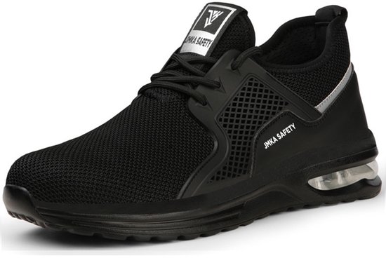 SDEQA Werkschoenen voor heren, comfortabele en lichte werkschoenen met stalen neus, antislip, rubberen zool, industriële bouwsneakers, zwart