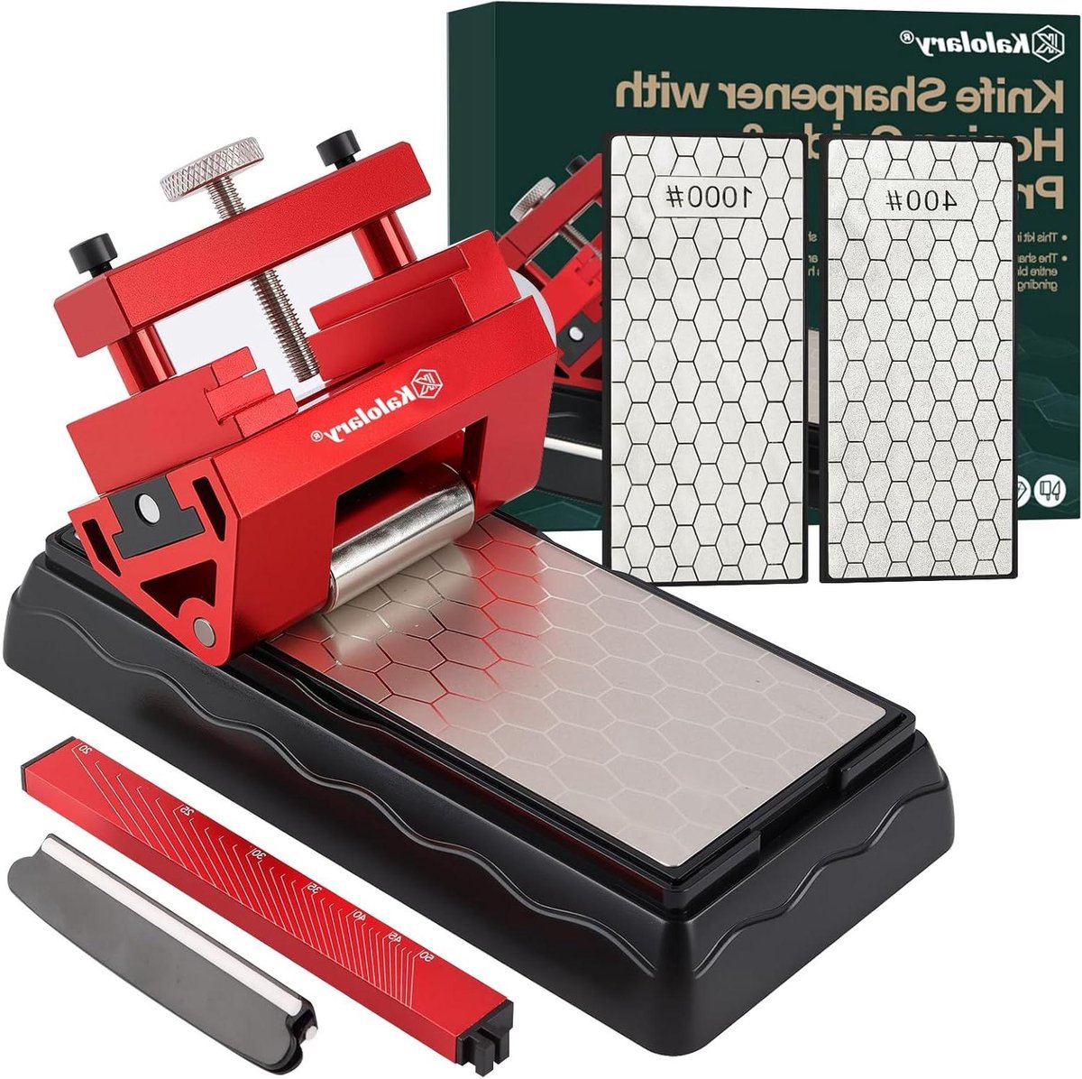 ByShane - Diamantslijpsteenset voor beitels en messen - Professionele slijpset met rood aluminium basis - Voor campingkeuken - Korrelgrootte 400/1000