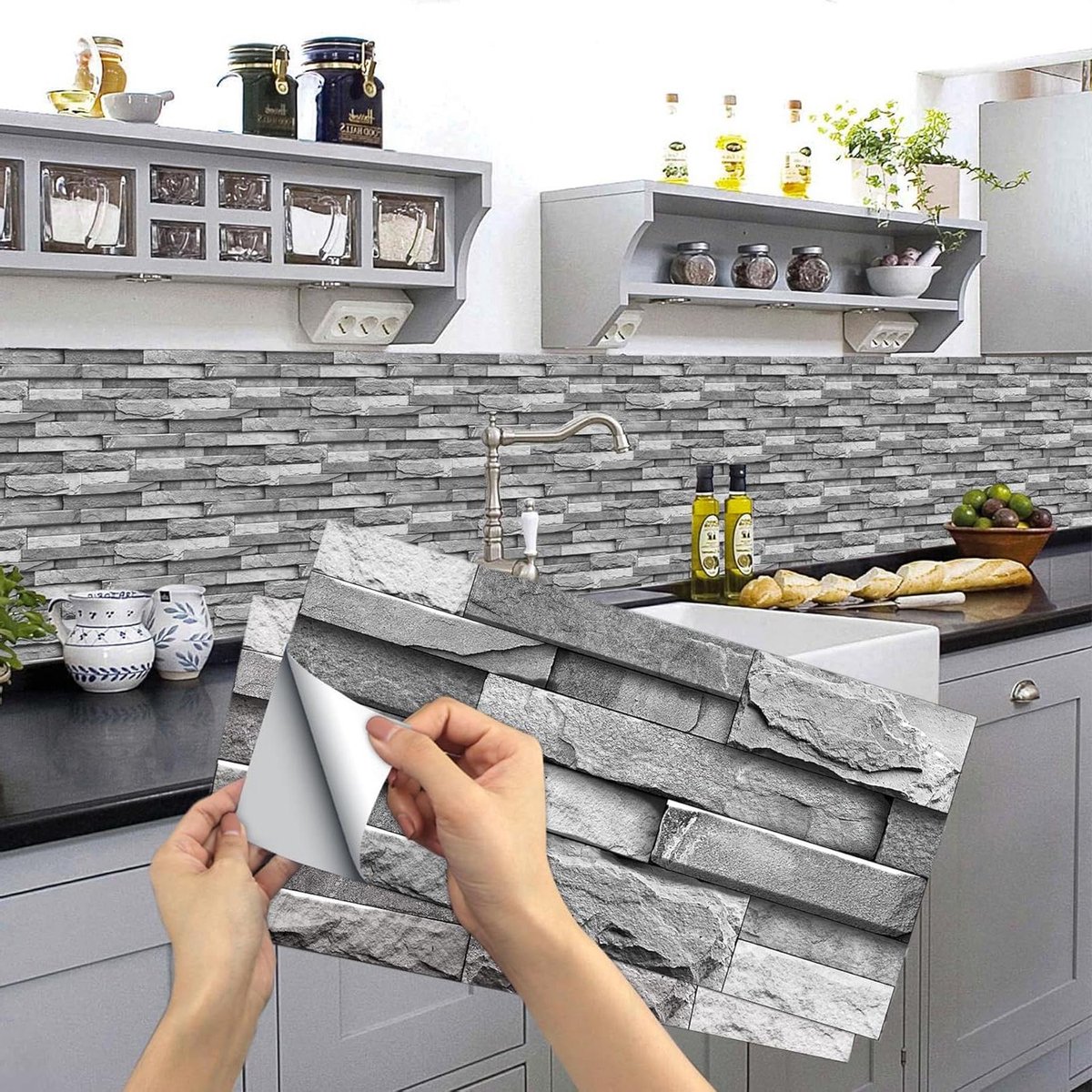 Allecto Premium - Decoratieve stickers voor keuken en badkamer - Grijs - 15 x 30 cm - 24 stuks