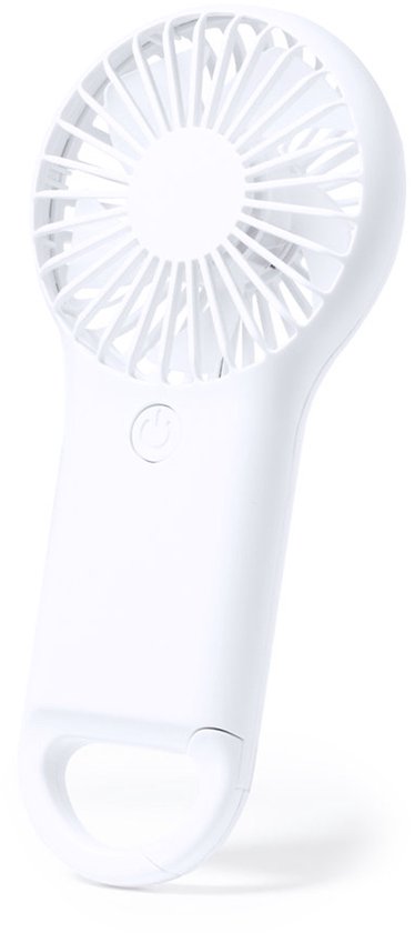 Witte compacte handventilator ABS met karabijnhaak, 2 snelheden, werkt op 3 AAA-batterijen, mini formaat