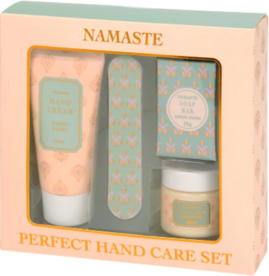 Handverzorging Giftset Green Herbs - 4-delig - Namaste | Handcrème, Zeepblokje, Nagelriemcrème & Nagelvijl - Fris & Kruidig - Geschenkset
