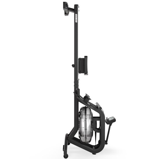 Zijaanzicht van de opklapbare zwarte VirtuFit roeitrainer met waterreservoir en console.