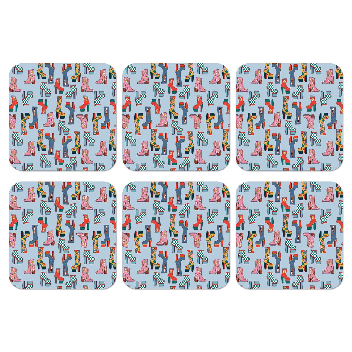 Onderzetters voor glazen - Retro - Disco - Laarzen - Multi - 10x10 cm - Glasonderzetters - 6 stuks